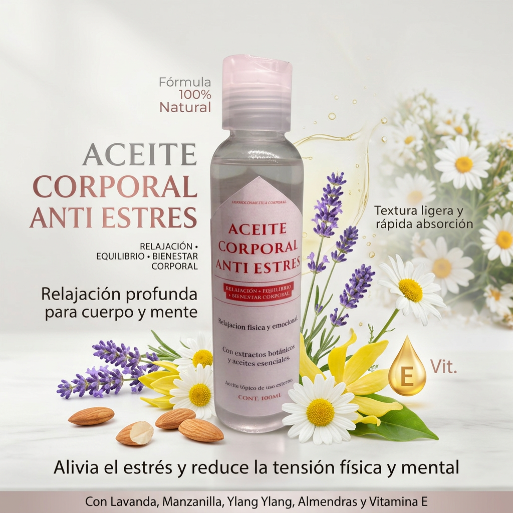 Aceite corporal anti-estrés Patmia de 100ml con ingredientes naturales para relajar la piel y aliviar el estrés.