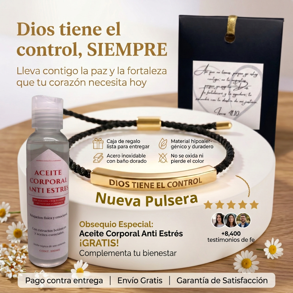 Pulsera de bisutería Patmia con diseño de Dios tiene el control y aceite corporal antiestrés gratis, en una campana.