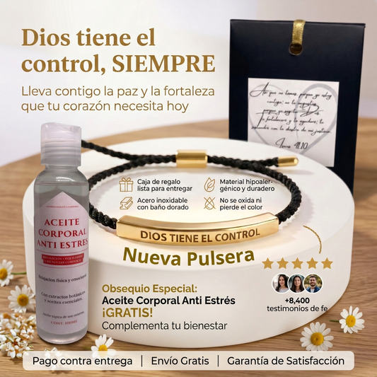 Pulsera de bisutería Patmia con diseño de Dios tiene el control y aceite corporal antiestrés gratis, en una campana.