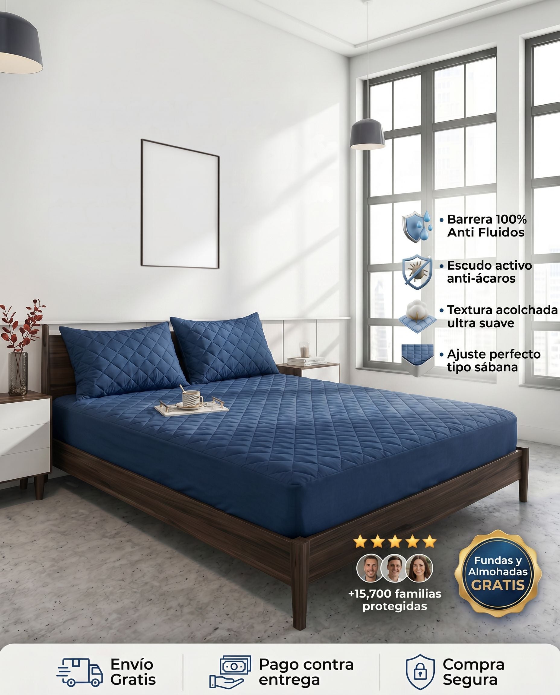 Protector de colchón azul oscuro de Patmia con fundas y almohadas hipoalergénicas gratis, para protección y comodidad en el hogar.
