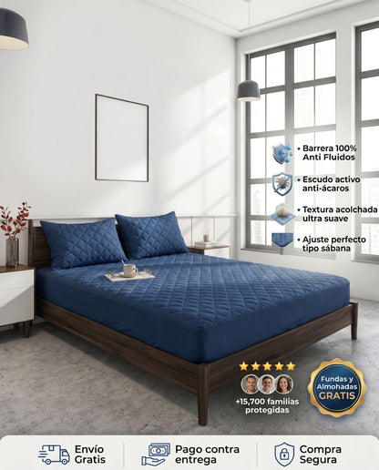 Protector de colchón azul oscuro de Patmia con fundas y almohadas hipoalergénicas gratis, para protección y comodidad en el hogar.