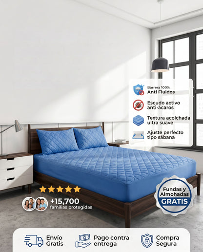 Protector de colchón azul de Patmia con funda gratis y dúo de almohadas hipoalergénicas en el hogar