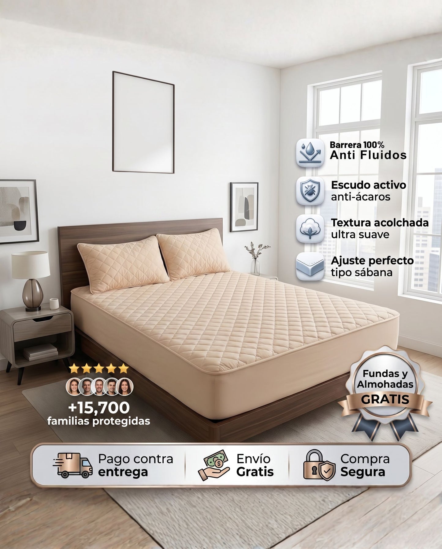 Protector de colchón beige de Patmia, protección ultra perfecta, con fundas y almohadas hipoalergénicas gratis.