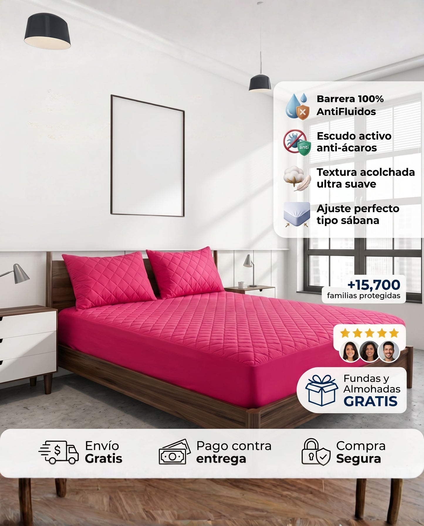 Protector de colchón fucsia de Patmia con funda gratis y almohadas hipoalergénicas, ideal para protección y confort en el hogar.