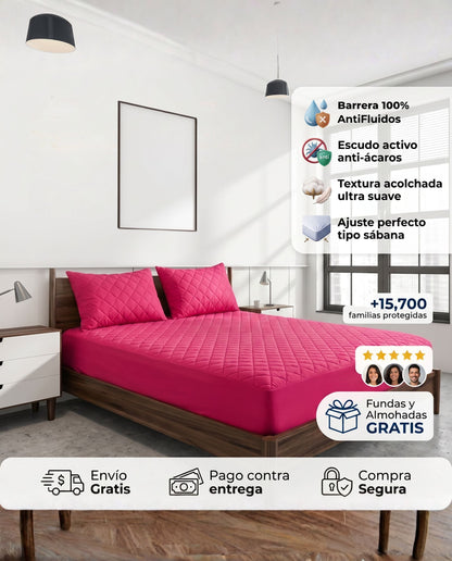 Protector de colchón fucsia de Patmia con funda gratis y almohadas hipoalergénicas, ideal para protección y confort en el hogar.