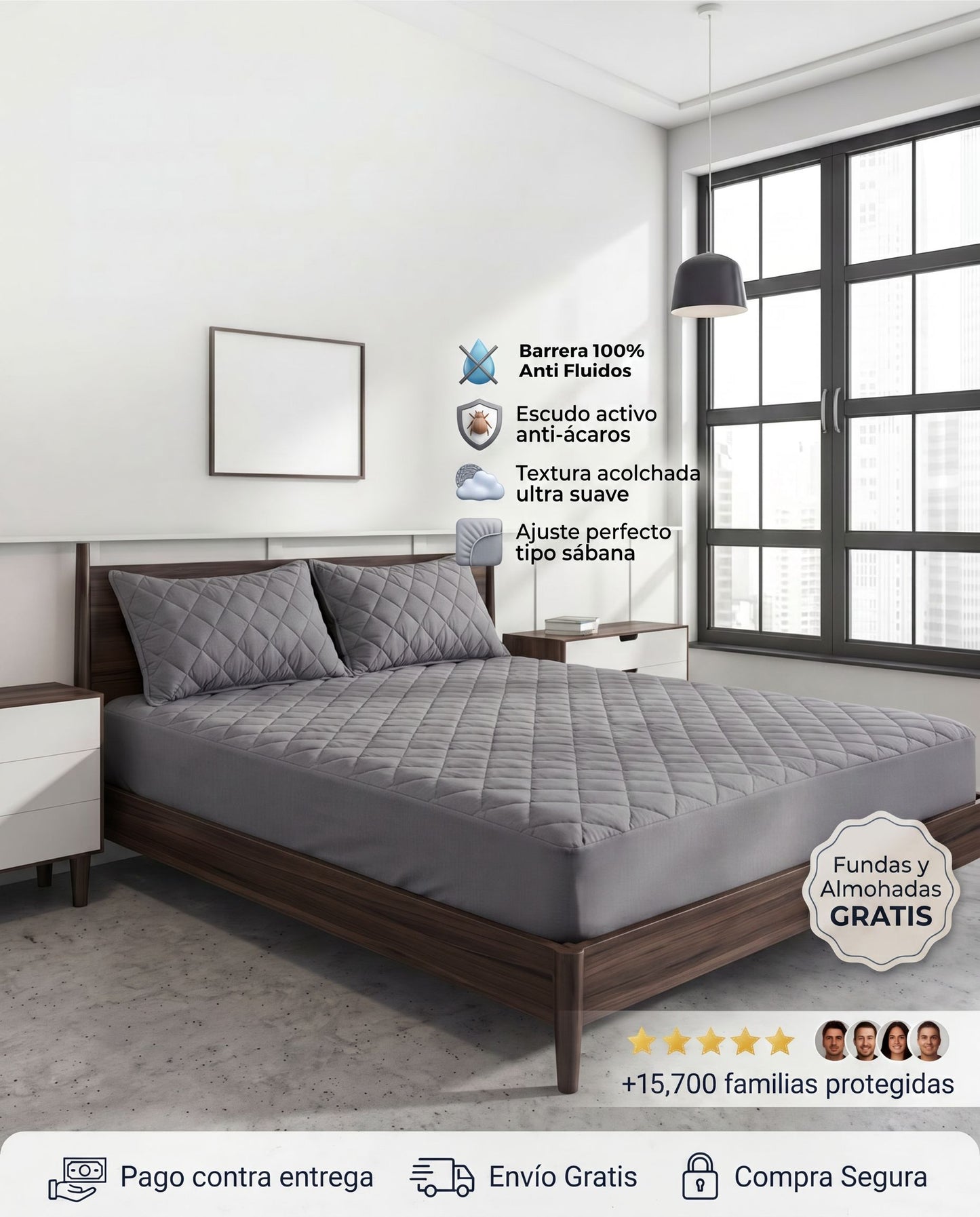 Protector de colchón gris claro de Patmia con funda gratis y duo de almohadas hipoalergénicas, ideal para cuidado del hogar.