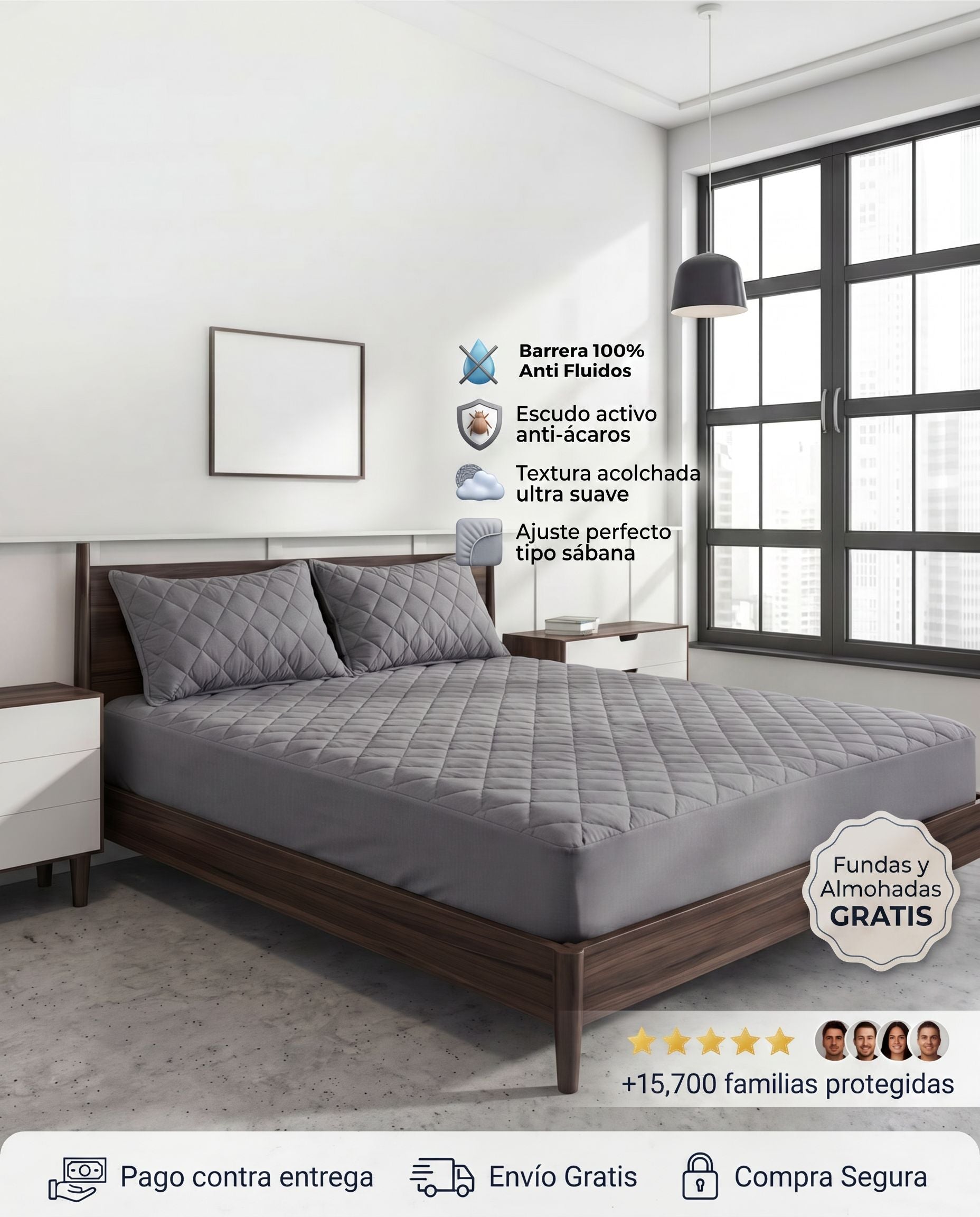 Protector de colchón gris claro de Patmia con funda gratis y duo de almohadas hipoalergénicas, ideal para cuidado del hogar.