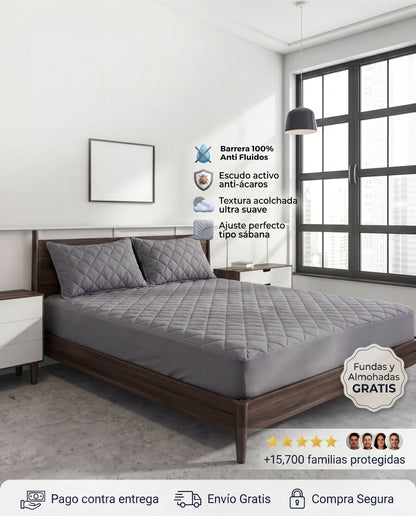 Protector de colchón gris claro de Patmia con funda gratis y duo de almohadas hipoalergénicas, ideal para cuidado del hogar.