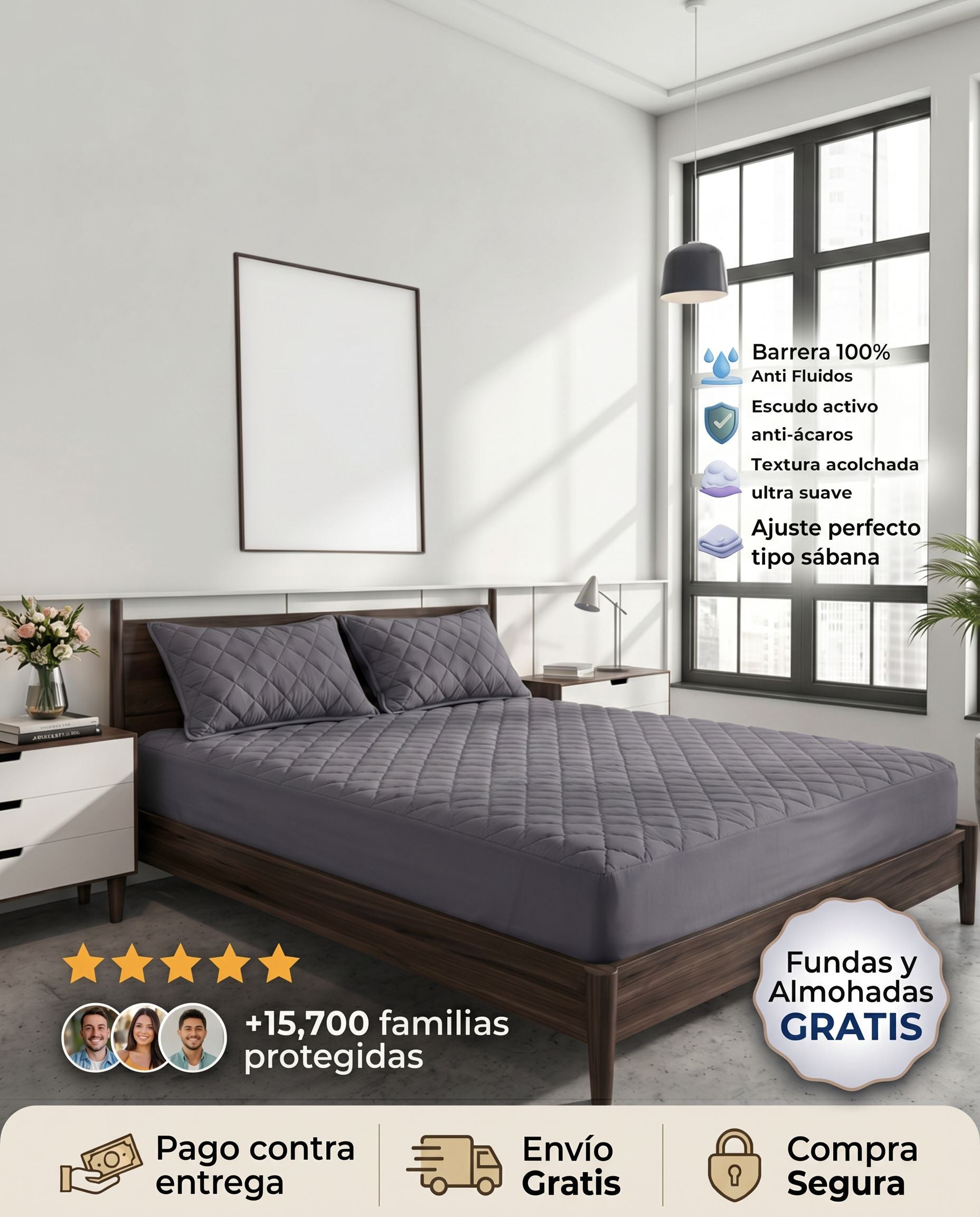 Protector de colchón gris oscuro de Patmia, con fundas y almohadas hipoalergénicas gratis, ideal para el hogar.