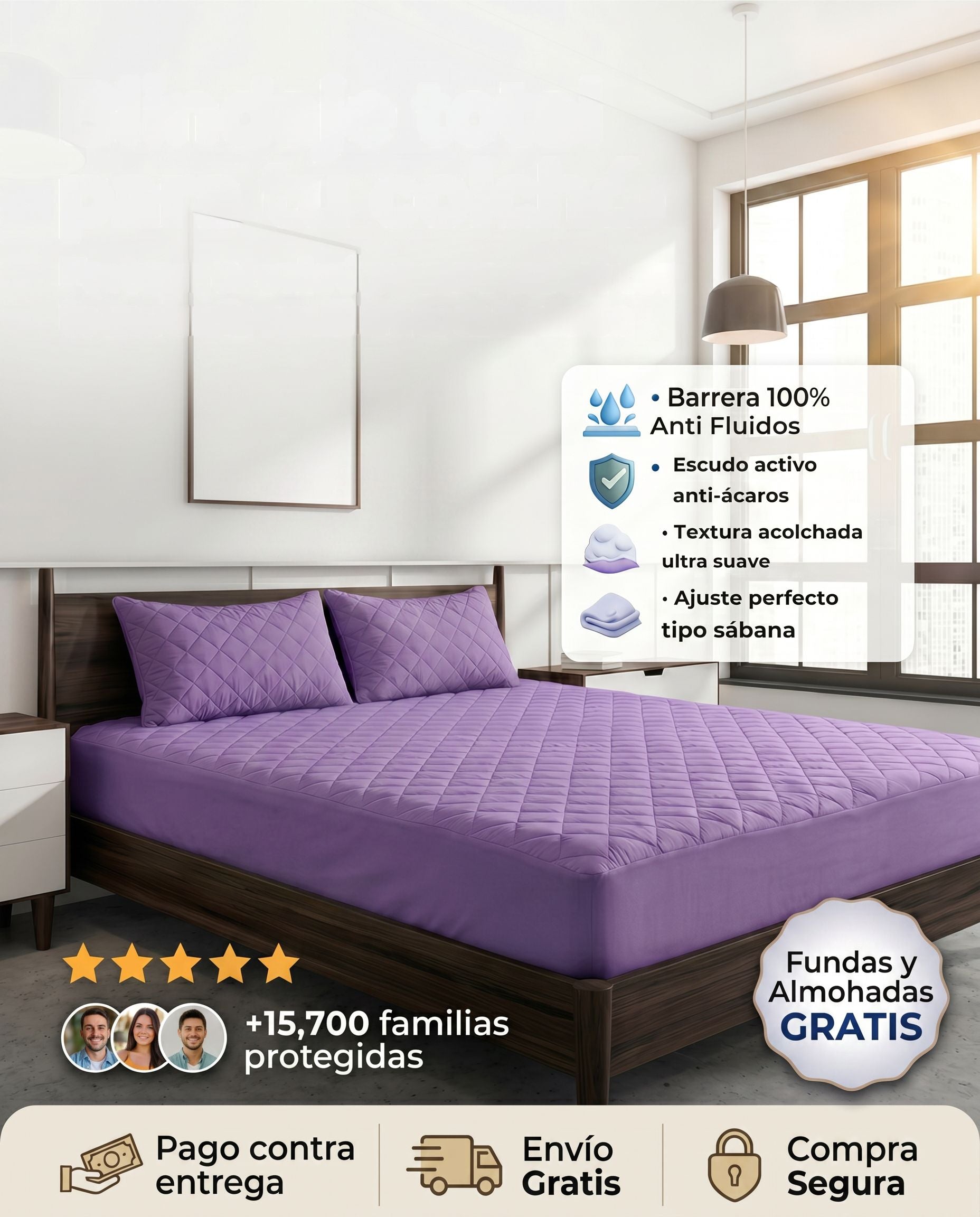 Protector de colchón color lila de Patmia, con fundas y almohadas hipoalergénicas gratis, para protección y comodidad en el hogar.