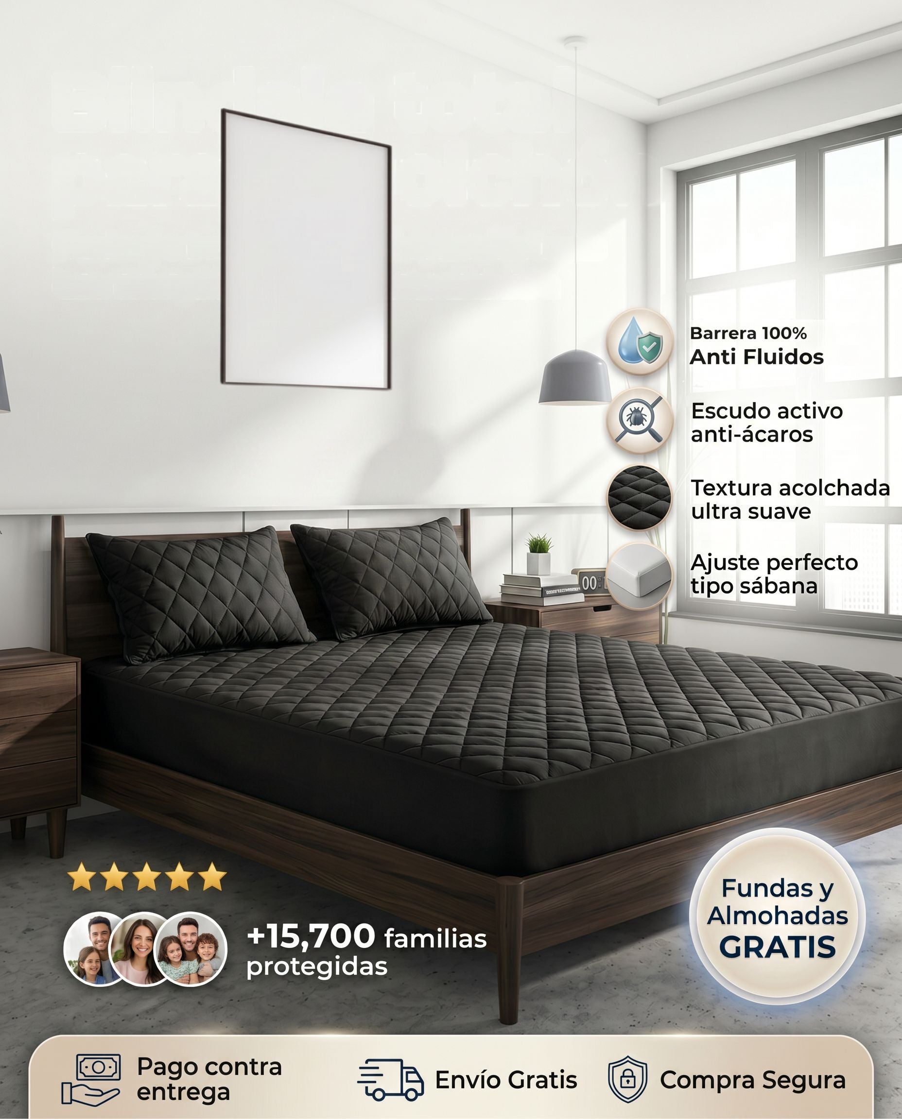 Protector de colchón negro Patmia con funda gratis y almohadas hipoalergénicas en la imagen de hogar.