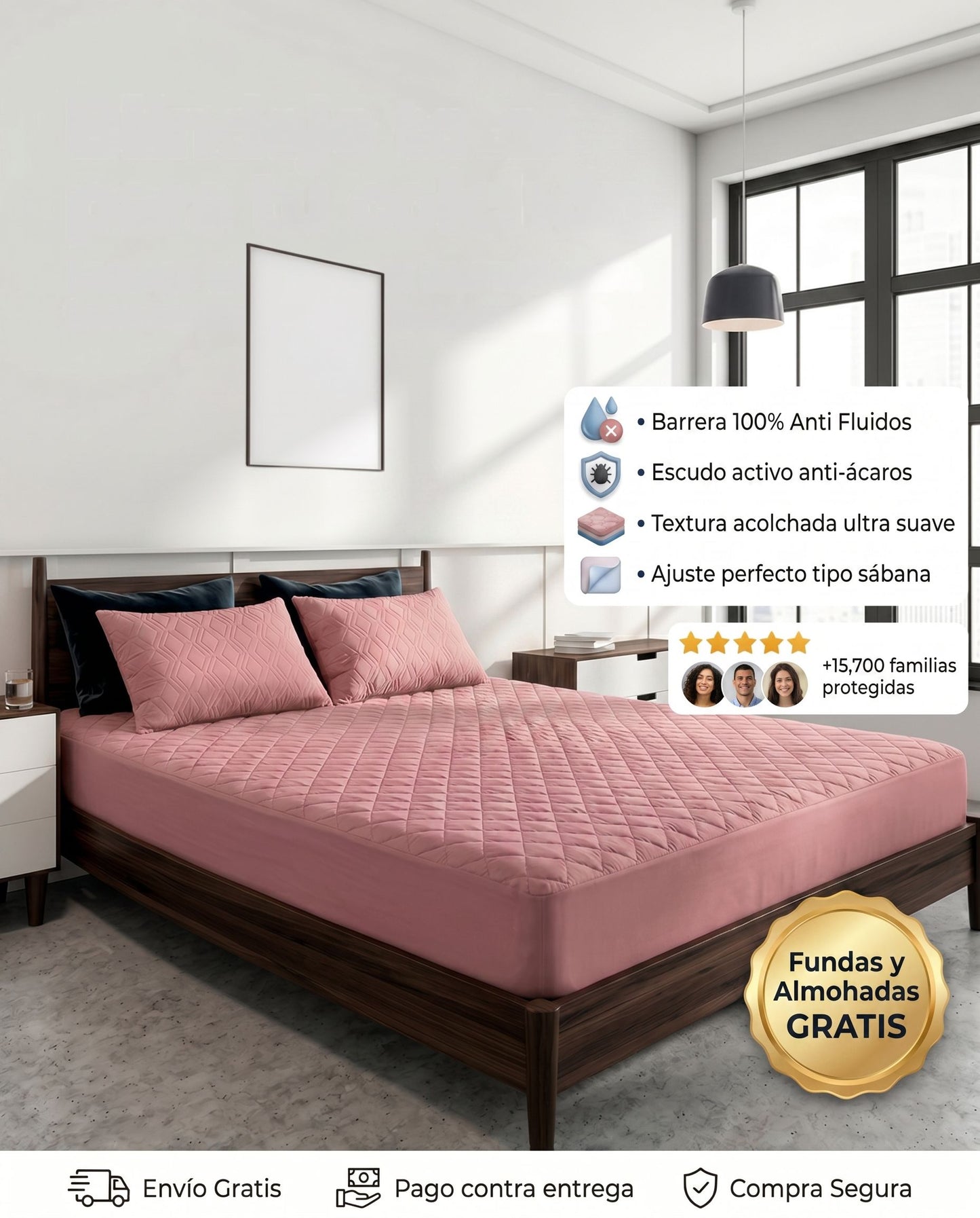 Protector de colchón ultra perfect protection de Patmia en color palo de rosa, con fundas y almohadas hipoalergénicas gratis.