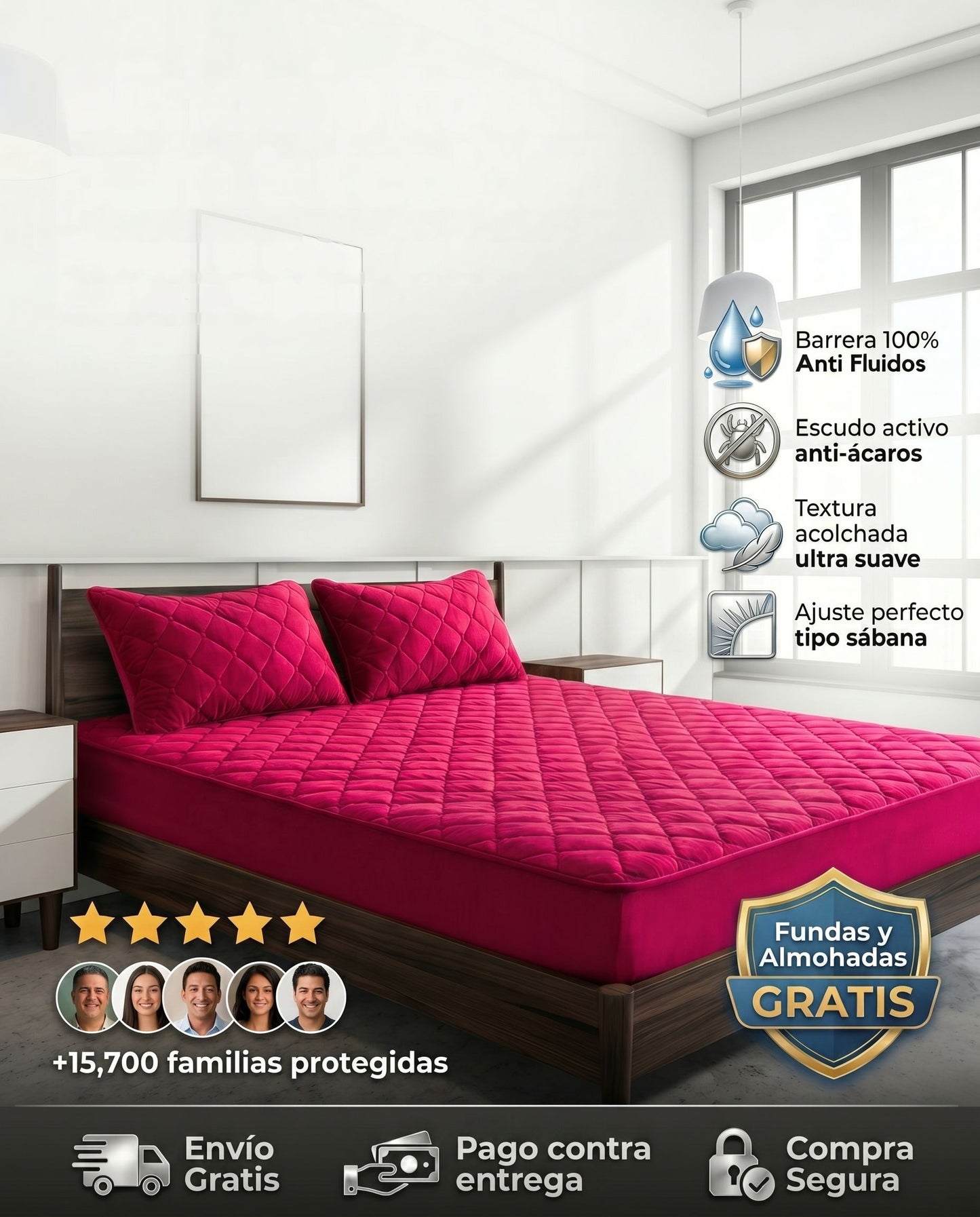 Protector de colchón rojo Patmia con funda gratis y duo de almohadas hipoalergénicas, ideal para protección del hogar.
