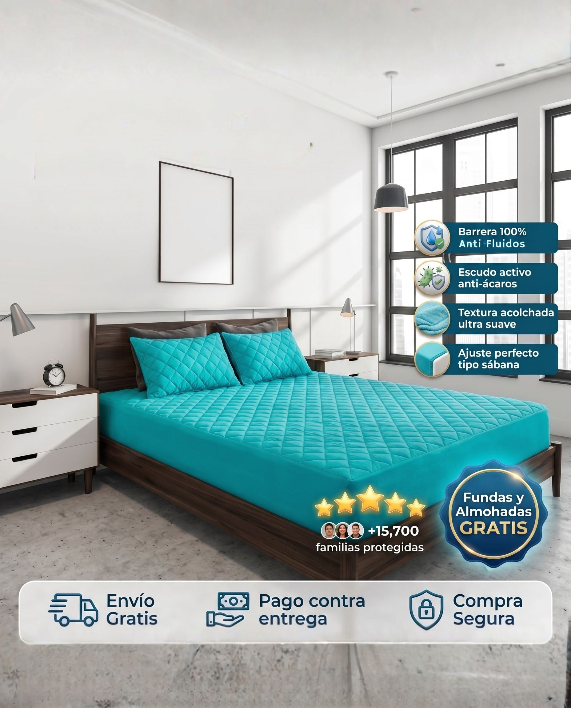 Protector de colchón turquesa Patmia con funda, almohadas hipoalergénicas y protección ultra perfecta para el hogar.