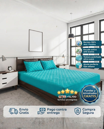 Protector de colchón turquesa Patmia con funda, almohadas hipoalergénicas y protección ultra perfecta para el hogar.