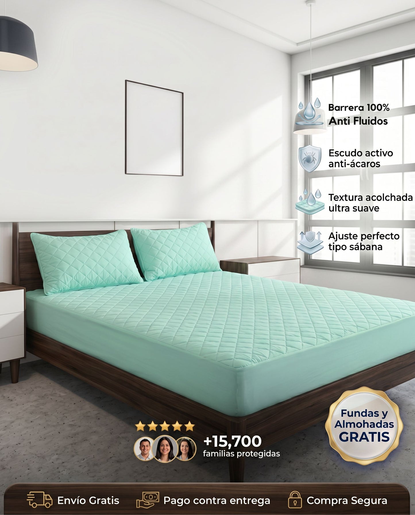 Protector de colchón verde menta de Patmia con fundas y almohadas hipoalergénicas gratuitas, ideal para protección del hogar.