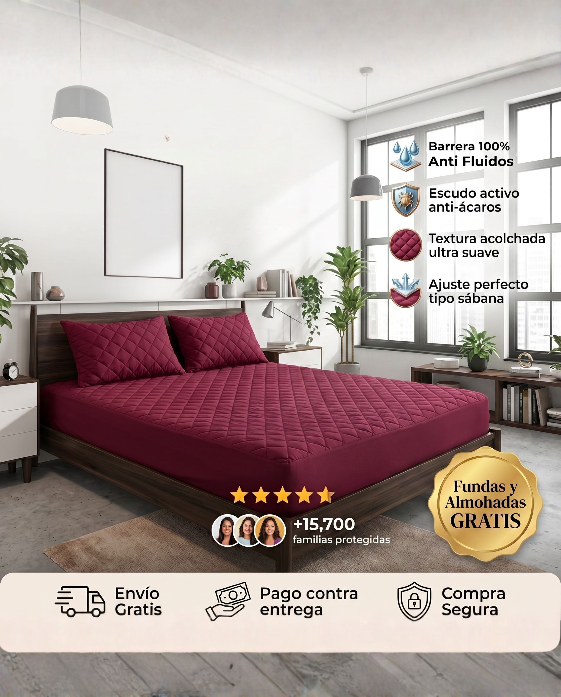 Protector de colchón vinotinto de Patmia, protección ultra perfecta, con fundas y almohadas hipoalergénicas gratis, para hogar.