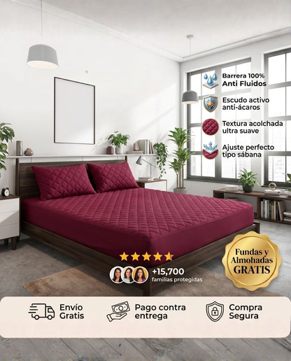 Protector de colchón vinotinto de Patmia, protección ultra perfecta, con fundas y almohadas hipoalergénicas gratis, para hogar.