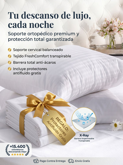 Almohada hipoalergénica Patmia Super Dúo Premium FreshComfort, vista de la sección y detalles de la almohada en la imagen.