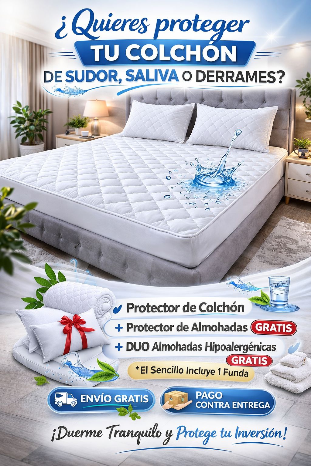 Protector de colchón Patmia Ultra Perfect, con fundas hipoalergénicas y almohadas gratis, en una habitación moderna.