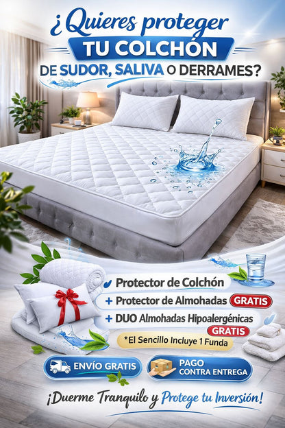 Protector de colchón Patmia Ultra Perfect, con fundas hipoalergénicas y almohadas gratis, en una habitación moderna.