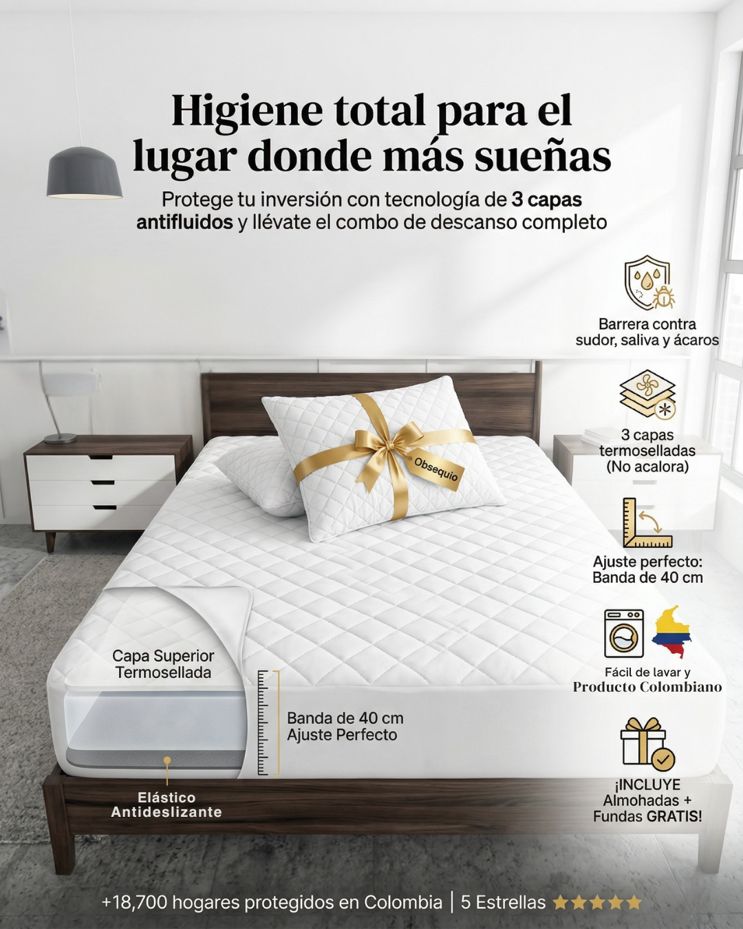 Protector de colchón Patmia, ultra perfecto, con fundas y almohadas hipoalergénicas gratis, ideal para protección del hogar.